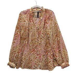 Bellatrix Blouse Womens L Sheer Pink Brown Cream High neck tie cuffs retro caree